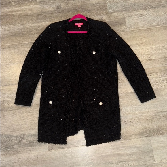 Lilly Pulitzer Amal Metallic Black Open Longer Cardigan rhinestone buttons XL - Picture 14 of 14